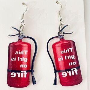 NWT Fashion Gorgeous Fun Fire Extinguisher “This Girl is on fire” Drop Earrings
